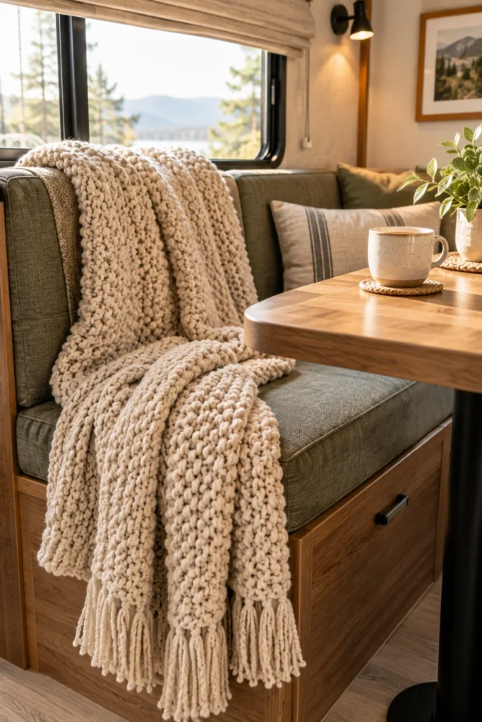 Chunky knit cream throw blanket draped over an RV dinette bench seat.