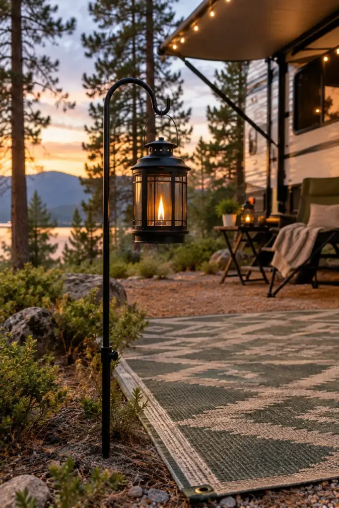 Citronella lantern hanging from a black metal ground stake at the outer edge of an RV campsite mat.