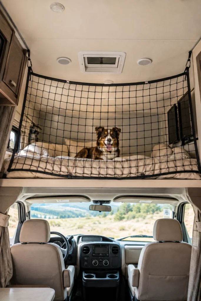 Class C motorhome cabover bed area equipped with a safety cargo net barrier creating an elevated dog loft.