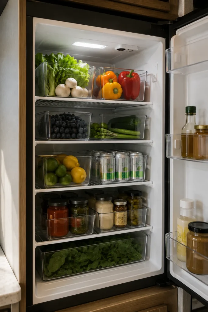 Clear acrylic organizer bins filled with food and drinks inside a compact RV refrigerator to prevent travel spills.