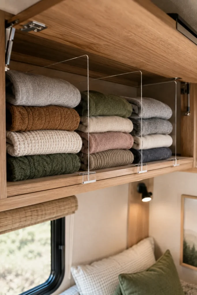 Clear acrylic dividers keeping folded sweaters neatly stacked in columns inside an overhead RV cabinet.