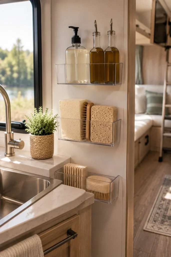 Clear acrylic storage bins mounted on a camper kitchen wall holding dish soap and sponges.