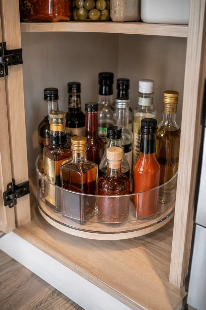Clear rotating turntable with high outer walls holding condiment bottles inside a deep RV corner cabinet.