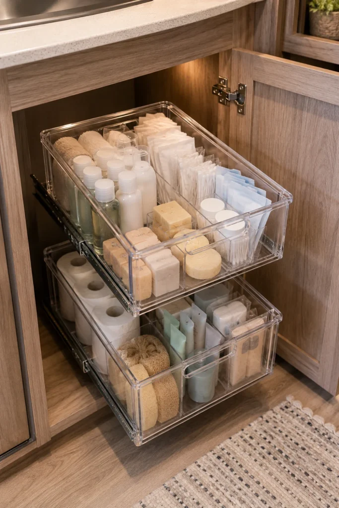 Clear stackable pull-out drawers organizing extra toiletries inside a lower RV bathroom cabinet.