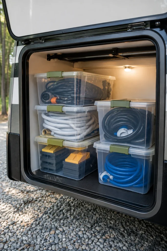 Clear plastic stackable storage bins organized inside a camper basement pass-through compartment.