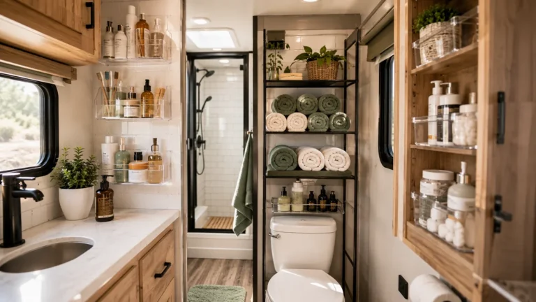 Bright and organized modern RV camper bathroom featuring vertical wall caddies, rolled towels, and clear counter storage solutions.