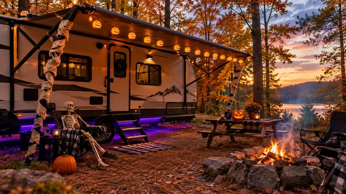 Halloween decorated RV campsite at dusk featuring glowing pumpkin awning lights, a skeleton sitting in a camp chair by the fire pit, and autumn leaves.