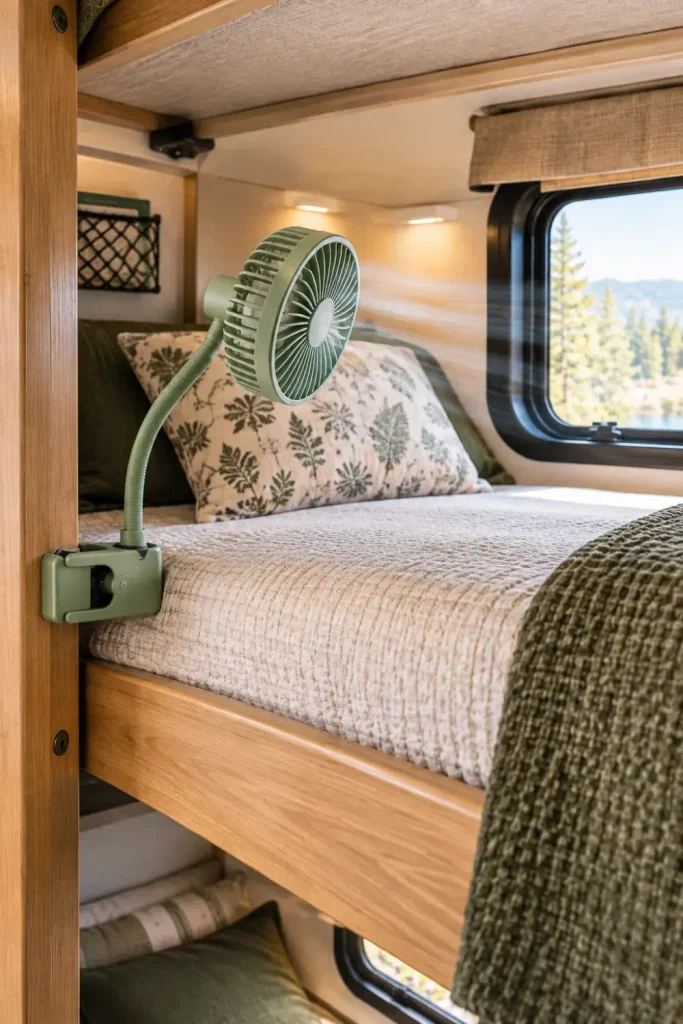 Small rechargeable clip-on fan attached to an RV bunk frame providing direct airflow across the bed.
