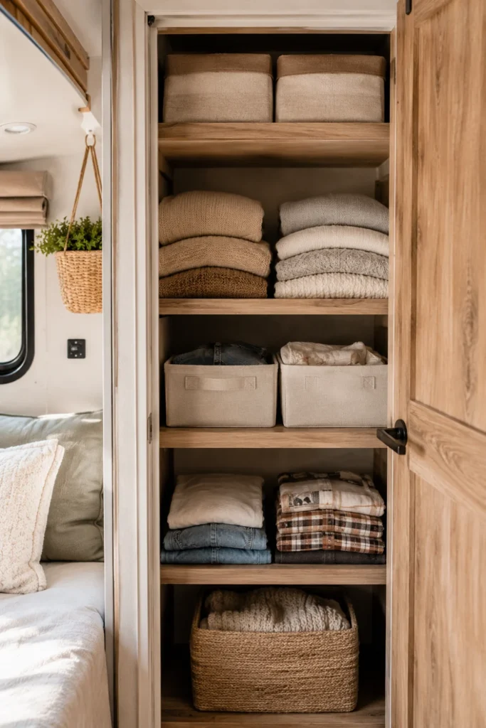 Beige fabric collapsible bins resting on shallow RV wardrobe shelves holding folded clothes neatly.