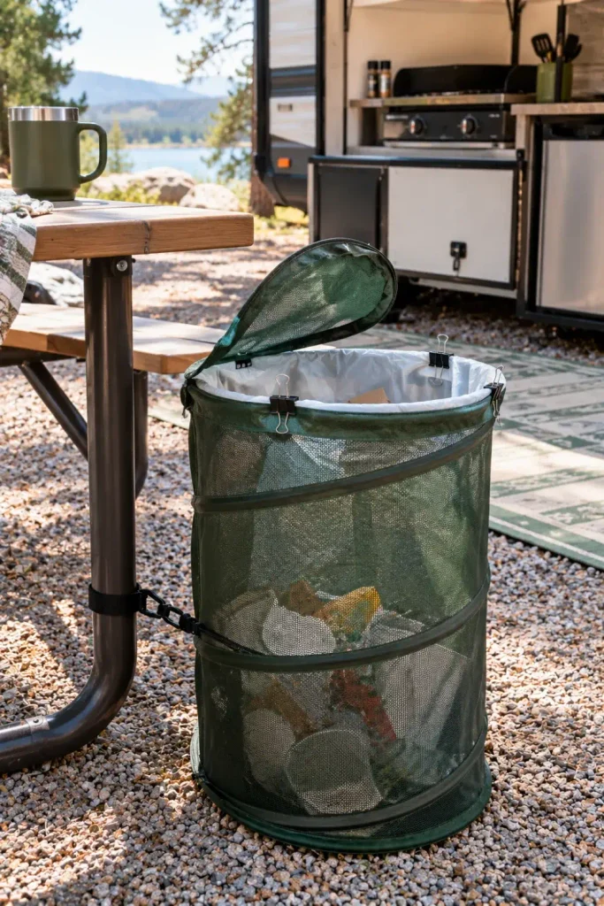 Collapsible pop-up mesh hamper tied to a campsite table leg used as a windproof outdoor trash can.