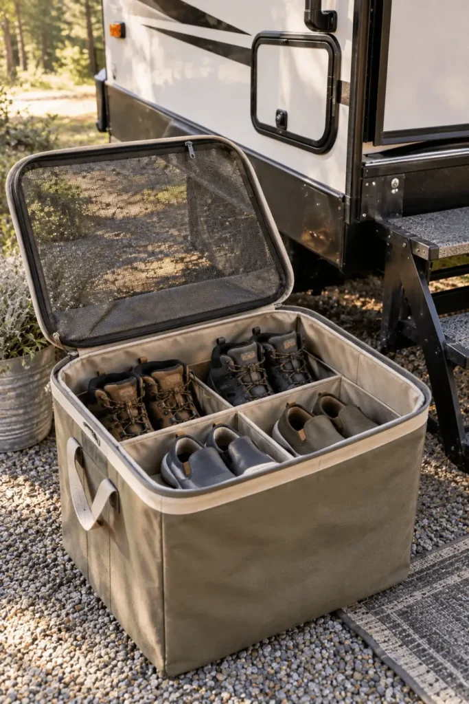 Collapsible canvas shoe hamper with a zippered top holding camp footwear next to RV steps.