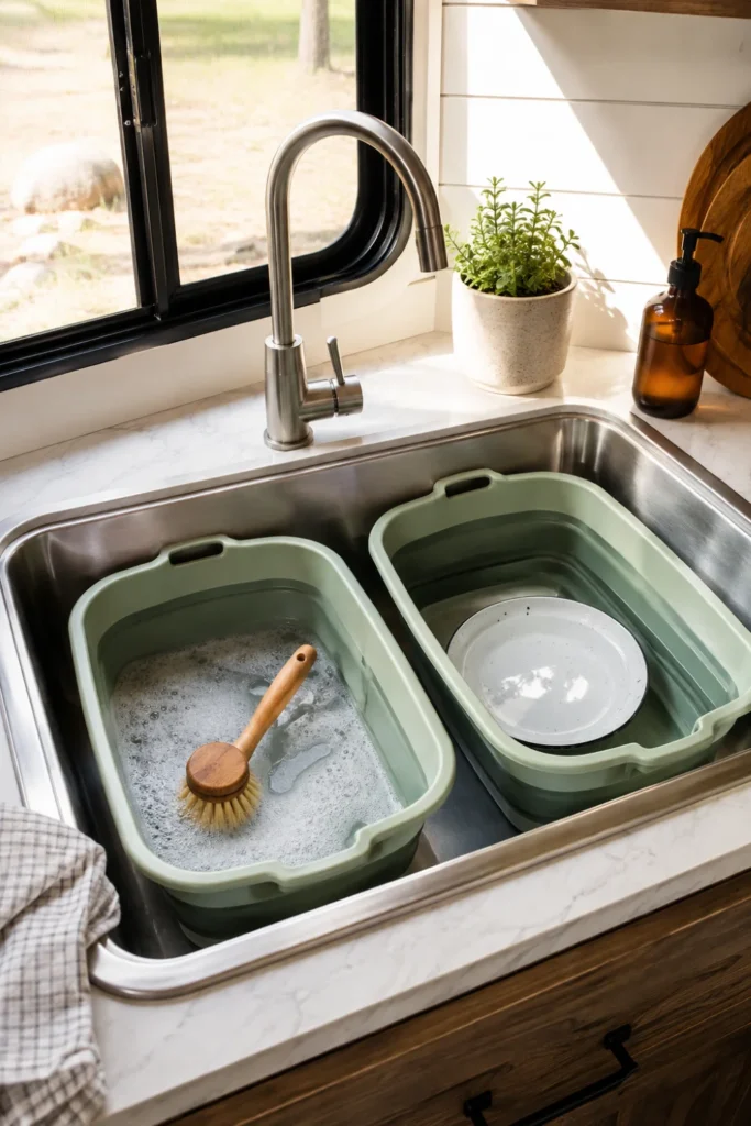 Two collapsible silicone wash basins nested inside an RV sink for water-saving dish cleanup.