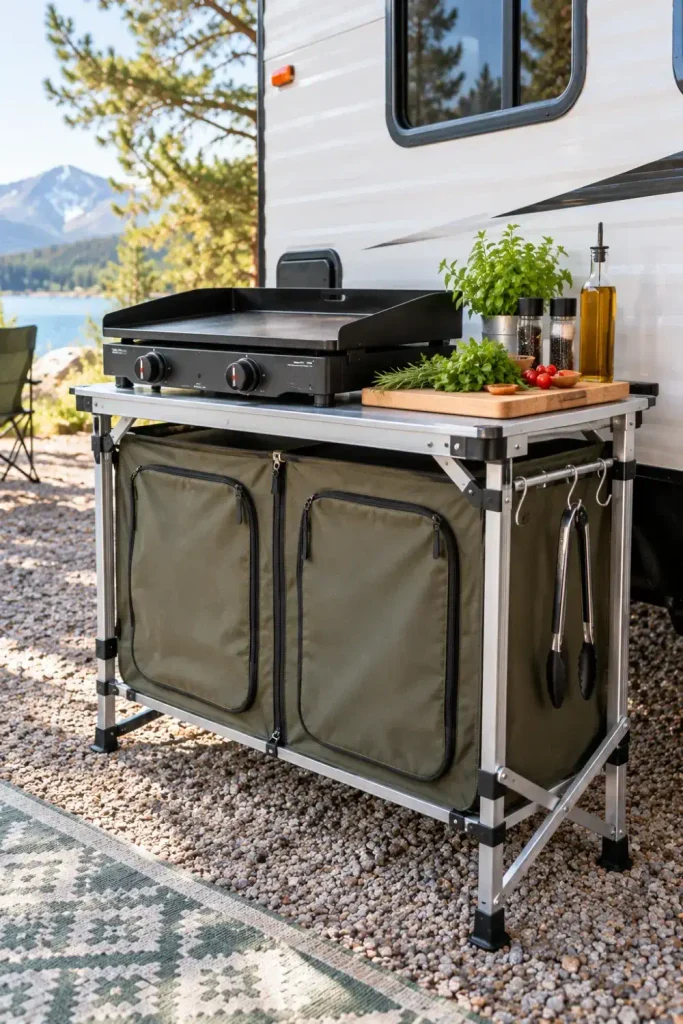 Folding outdoor camp kitchen station with tabletop griddle and enclosed canvas storage compartments by an RV.