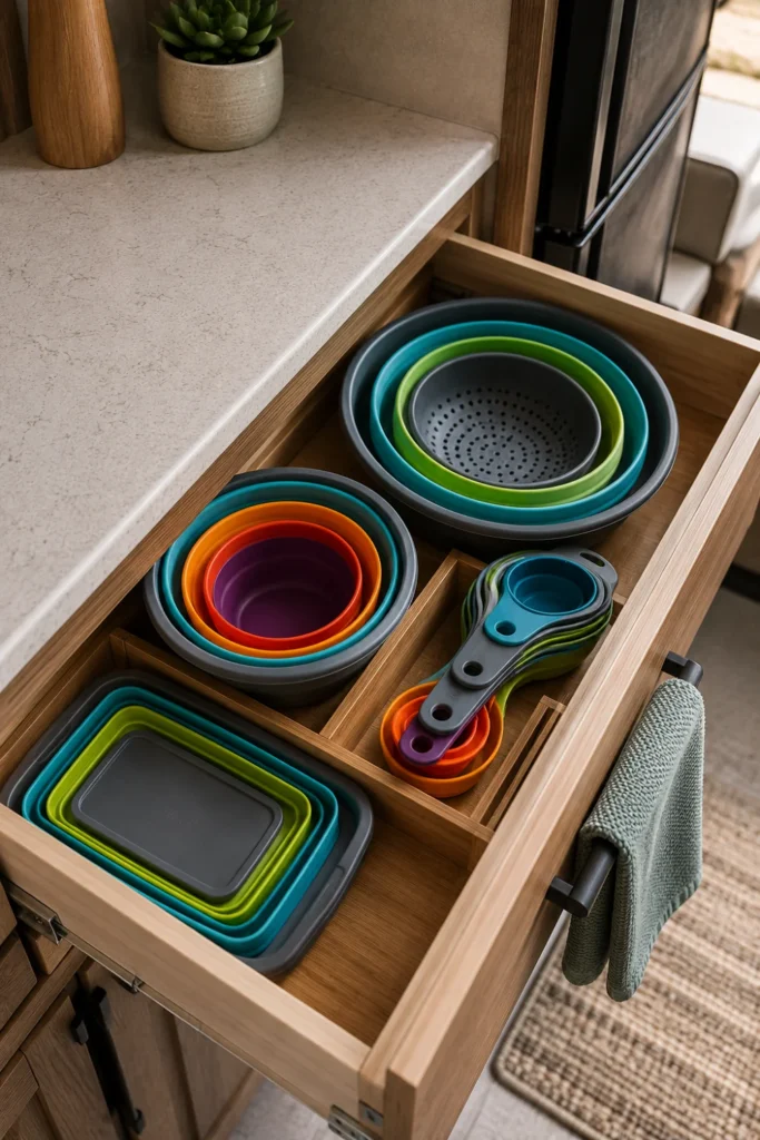 Set of nested collapsible silicone mixing bowls and measuring cups folded flat inside an RV kitchen drawer.