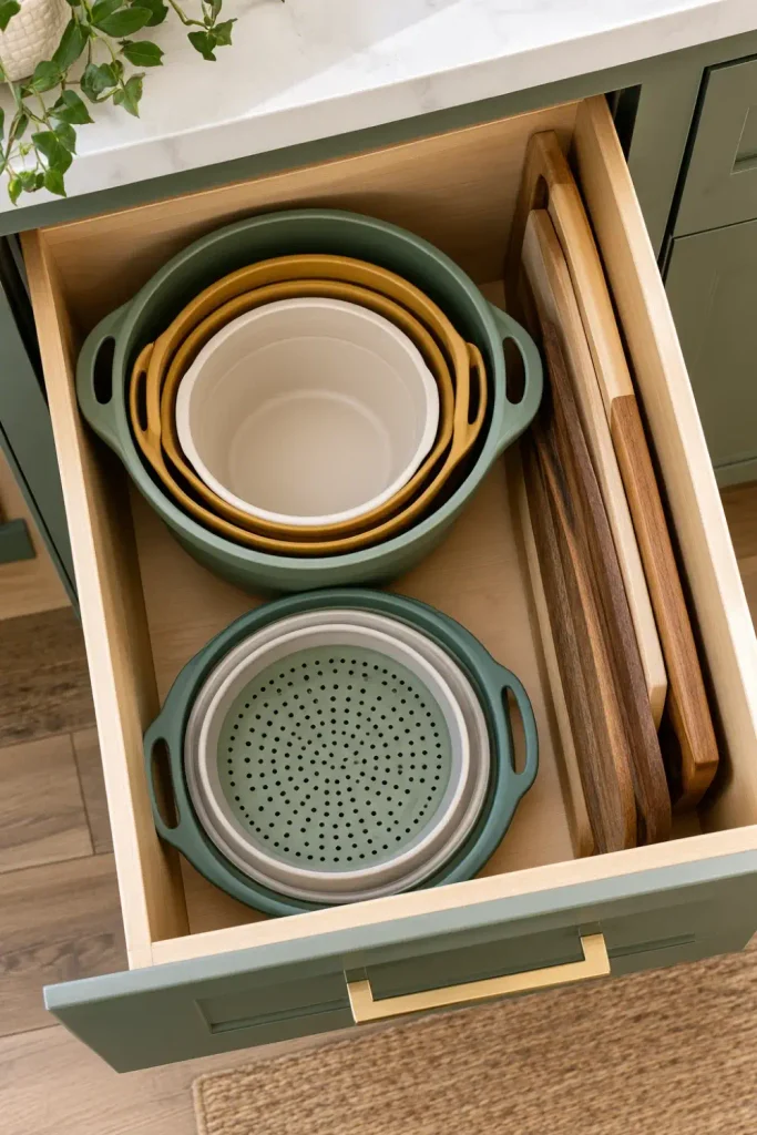 Folded collapsible silicone bowls and strainer nested flat inside a deep wooden camper drawer