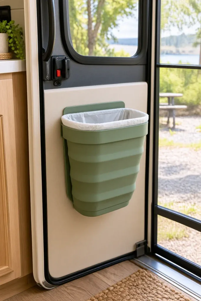 Collapsible silicone trash bin mounted to the lower interior panel of a camper door
