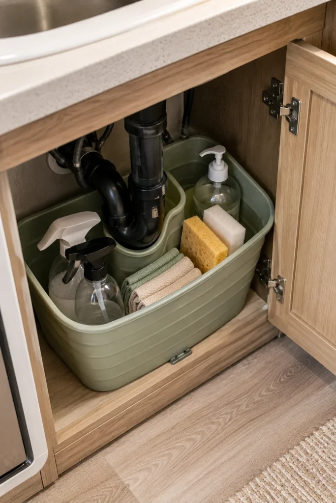 Collapsible silicone storage tub fitted around plumbing pipes inside an RV bathroom vanity.