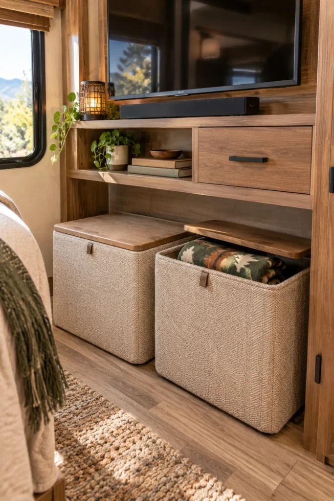Pair of upholstered fabric storage ottomans tucked beneath an RV entertainment shelf.