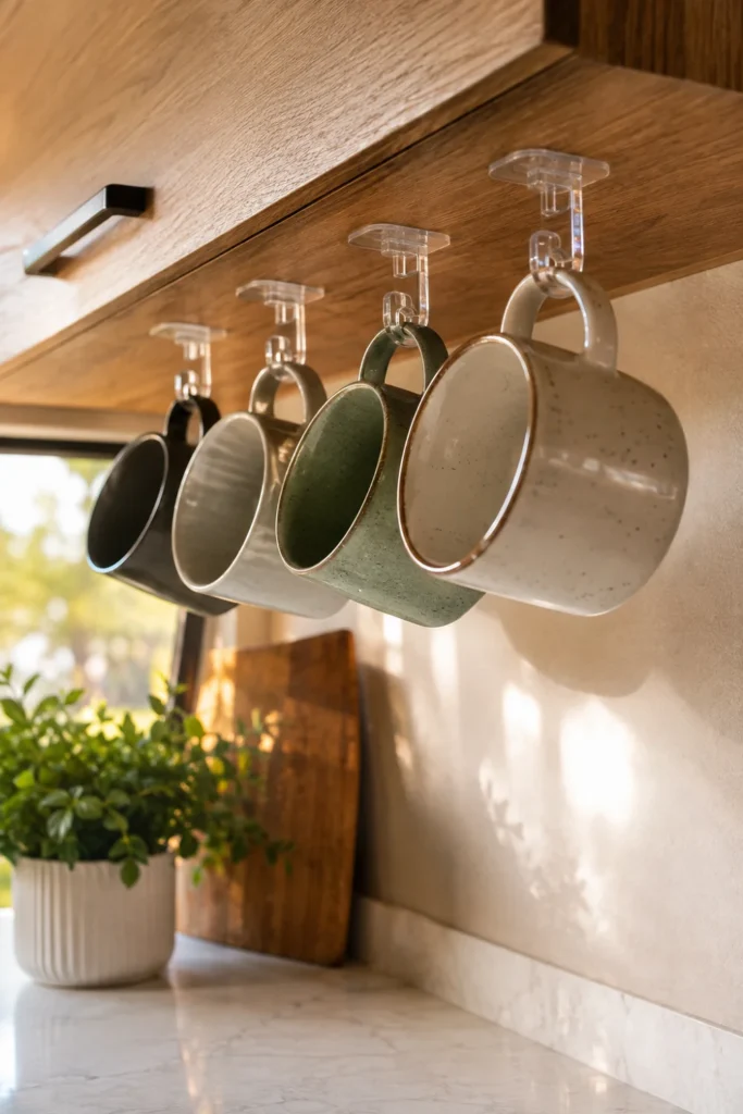 Heavy-duty adhesive hooks holding ceramic coffee mugs under an upper camper cabinet.