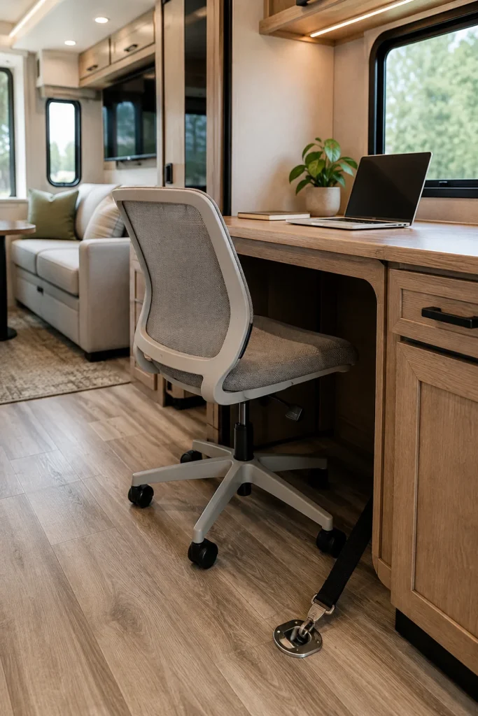 Compact armless ergonomic desk chair with mesh back positioned at a modern wooden RV desk.