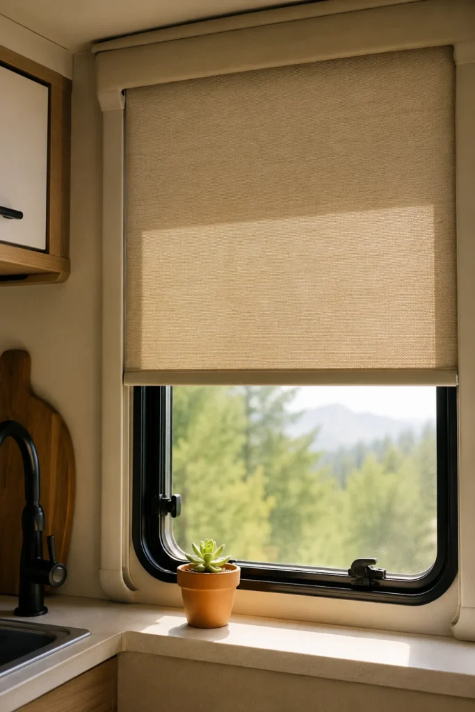 Minimalist cordless textured fabric roller shade mounted neatly inside a camper kitchen window frame.