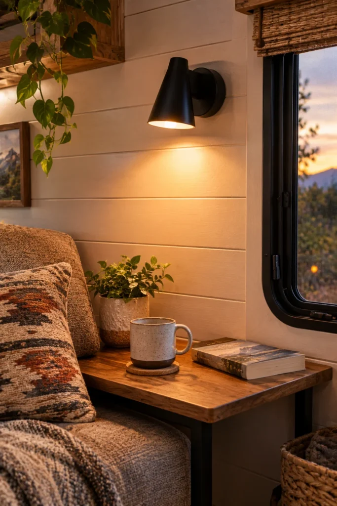 Cordless magnetic rechargeable wall sconce casting warm downward light on an RV wall.