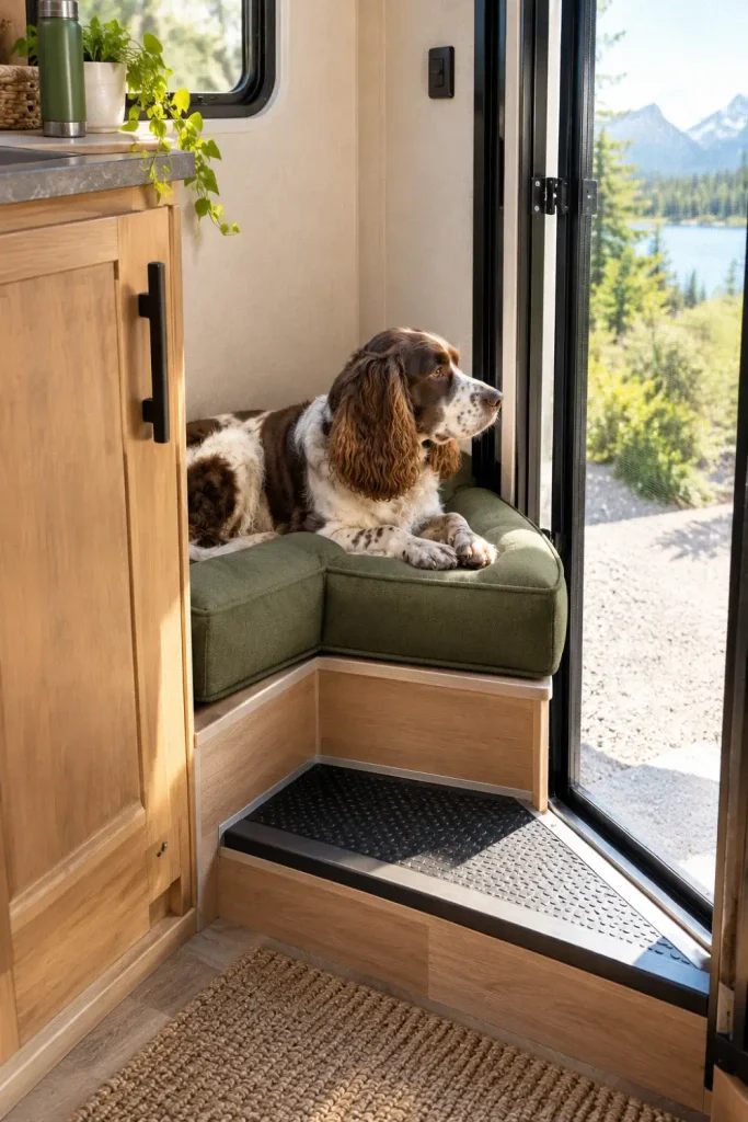 Custom-fit L-shaped corner dog cushion tucked into awkward dead space next to an RV entrance door.
