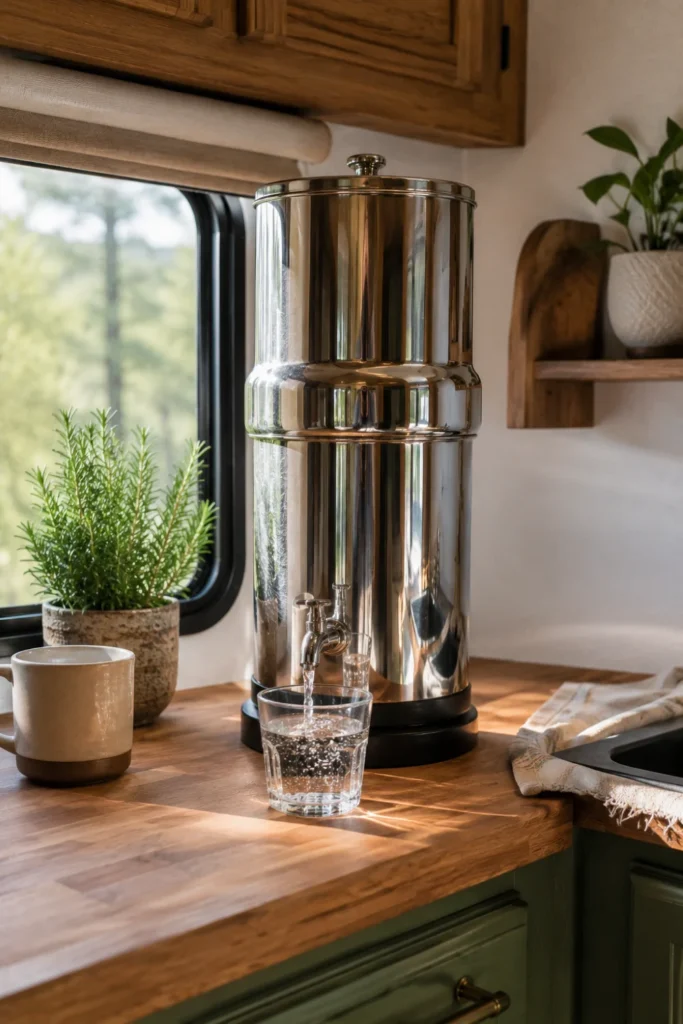 Stainless steel gravity water filter sitting on an RV butcher block countertop filling a glass of clear water.