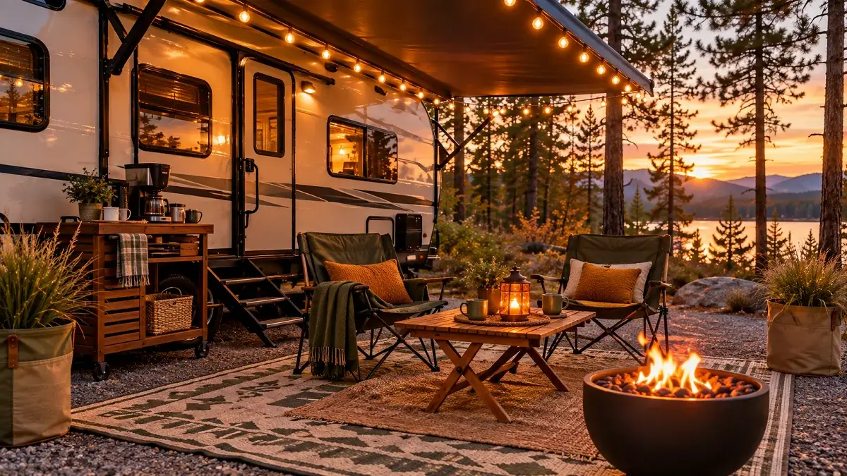Cozy RV campsite decorating setup with awning string lights, layered outdoor rugs, comfortable camp chairs, and an ambient fire bowl on a gravel pad at dusk.
