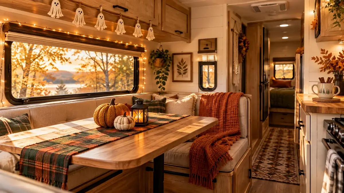 Cozy renovated RV camper interior decorated for Halloween with warm fairy lights, fabric pumpkins, plaid throws, and autumn dinette decor.