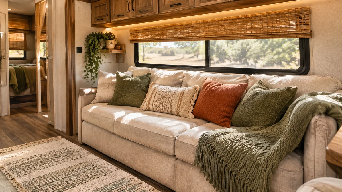 Cozy renovated RV living room with neutral linen sofa slipcovers, bamboo window shades, and warm under-cabinet lighting.