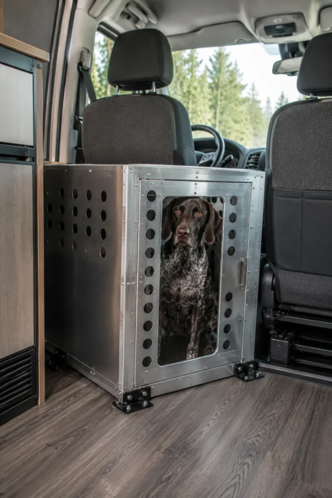 Heavy-duty aluminum crash-tested dog crate securely anchored to the floor behind camper van front seats.
