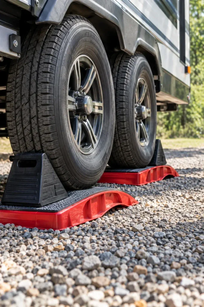 Trailer tires resting on curved drive-on leveling ramps with heavy-duty wheel chocks locked in place.
