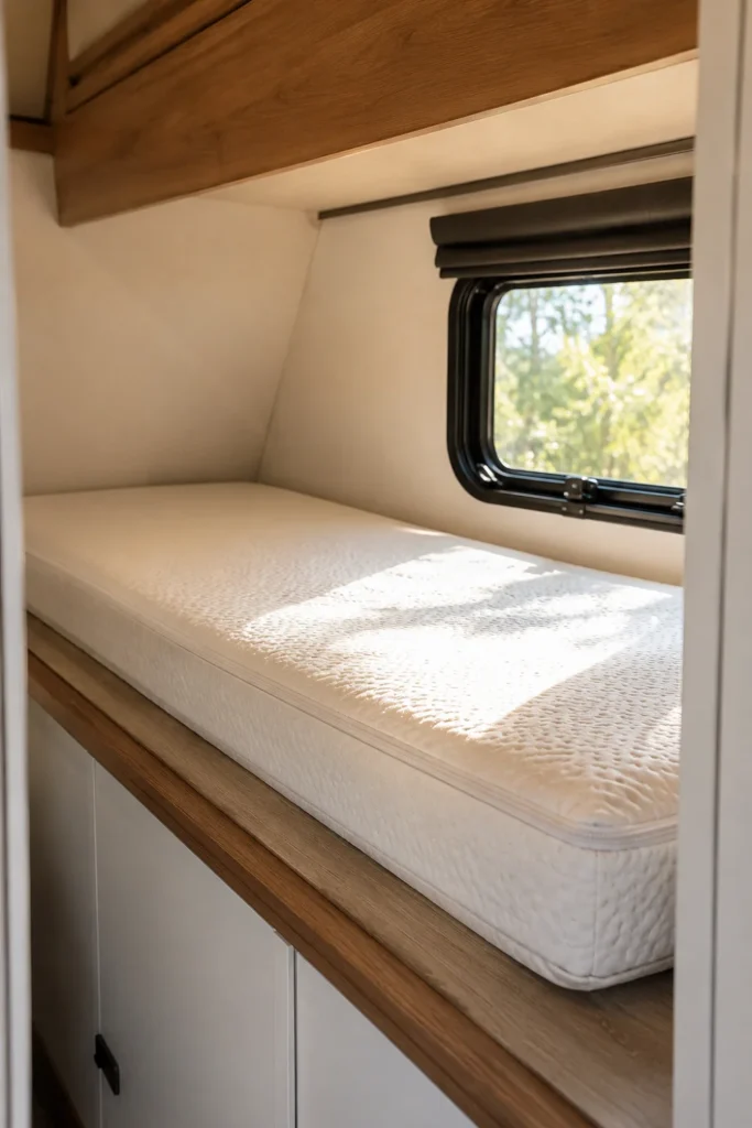 Custom trimmed gel memory foam RV bunk mattress covered in a zippered bamboo encasement.