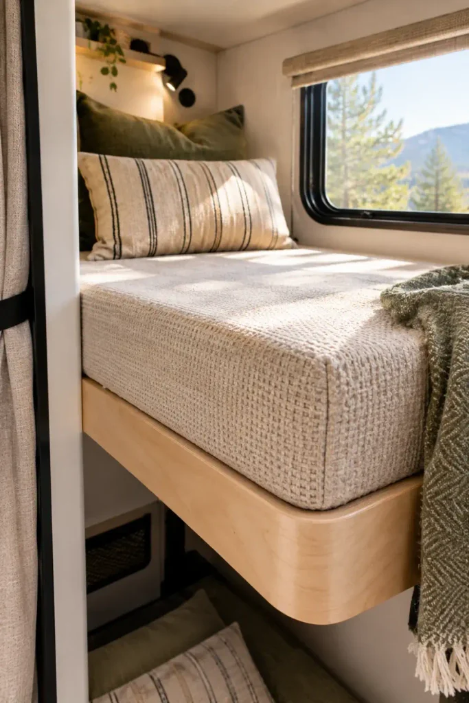 Upgraded thick foam mattress cut to fit the exact corner angle of an RV bunk bed.
