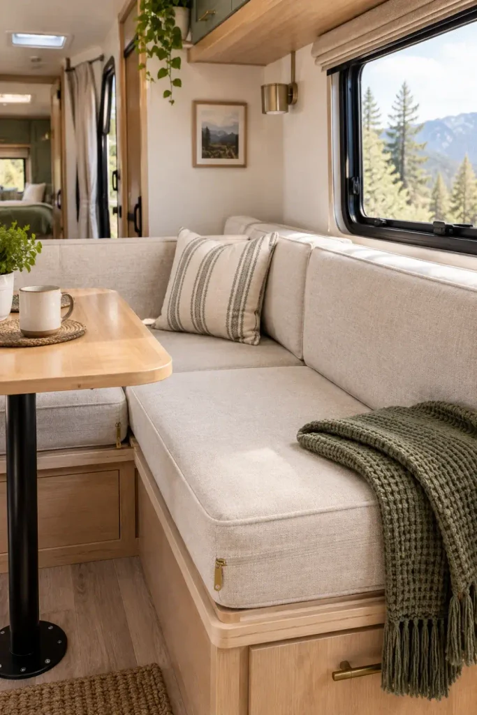 Thick high-density foam RV dinette cushions covered in tailored oatmeal linen slipcovers.
