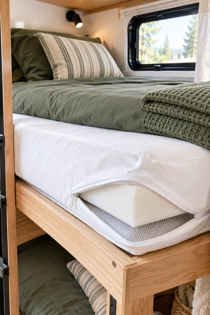 Thick upgraded high density foam camper bunk mattress fitted with a breathable zippered waterproof cover.