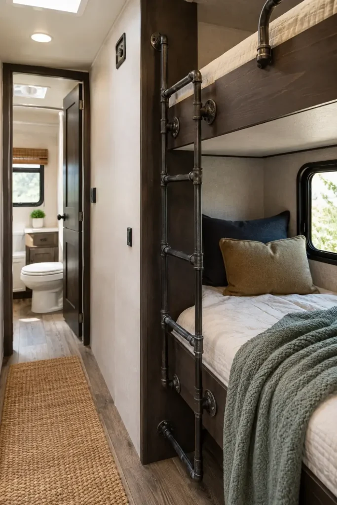 A modern, vertical ladder made of industrial black pipe and flanges is mounted flush to the wall of an RV bunkhouse, saving floor space.