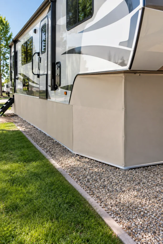 Tailored neutral vinyl skirting installed along the base of a stationary RV trailer.
