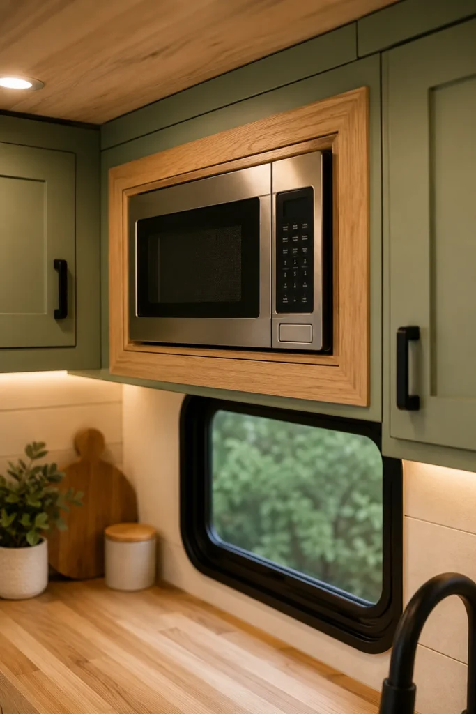 Custom finished light oak trim casing framing an RV microwave inside upper cabinets for a built-in look.