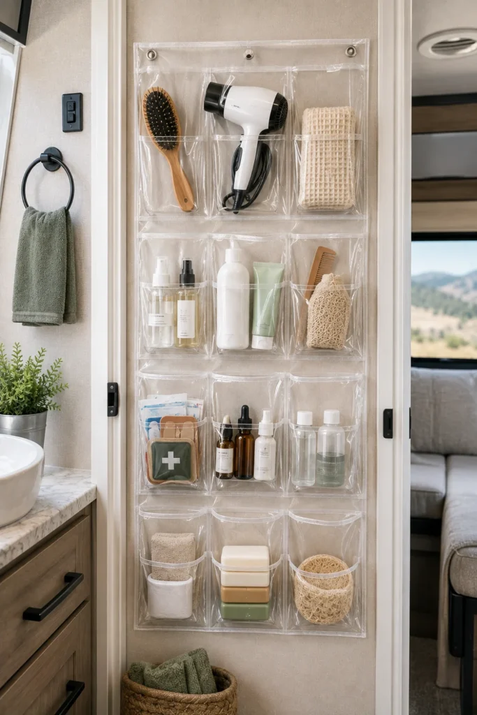 Trimmed clear vinyl hanging shoe organizer used as vertical wall storage in an RV camper bathroom.