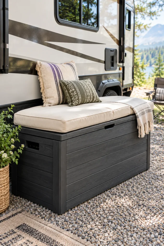 Charcoal resin deck box with outdoor cushions used as patio bench seating on an RV site.
