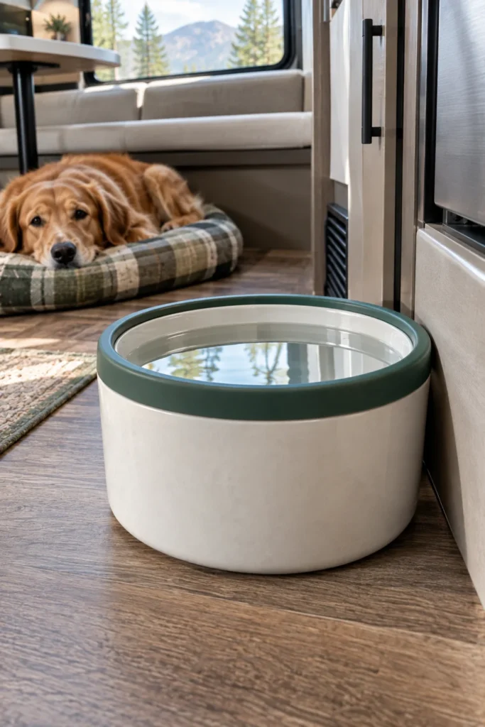 Deep straight-walled ceramic dog crock with a protective silicone rubber bumper rim in an RV.