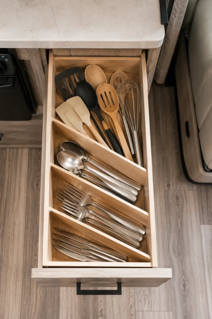 Diagonal wooden drawer insert organizing silverware and long cooking utensils in a narrow RV drawer.