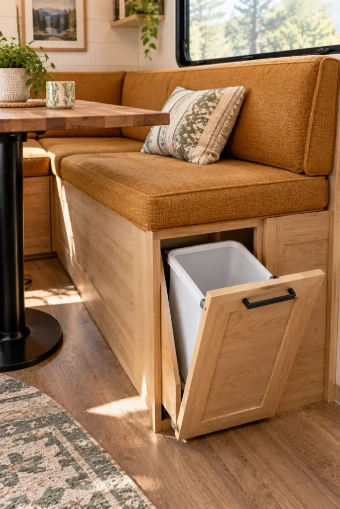 Built-in tilt-out cabinet door on an RV dinette bench concealing an interior trash can.