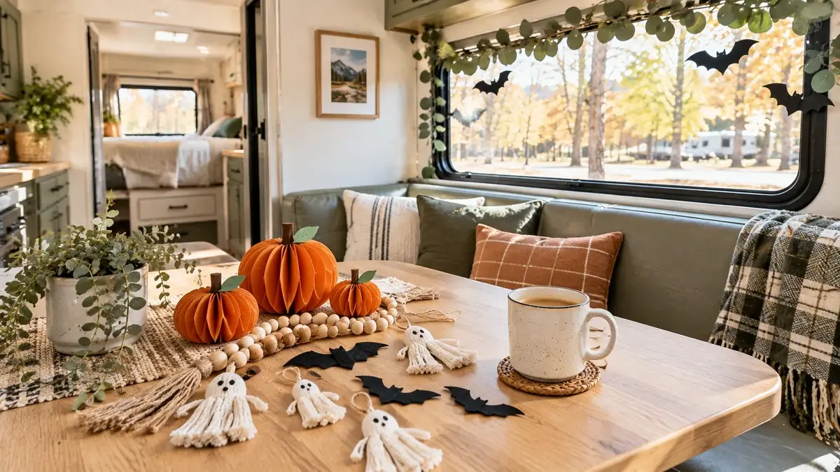Cozy modern RV interior decorated with flat-pack DIY Halloween crafts, including paper accordion pumpkins, macrame ghosts, and felt bats on a camper dinette table in bright natural light.