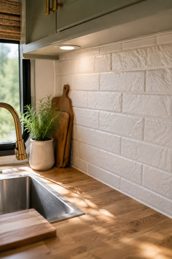 Lightweight white subway peel-and-stick tile backsplash installed in a camper galley with waterproof silicone edge caulking.