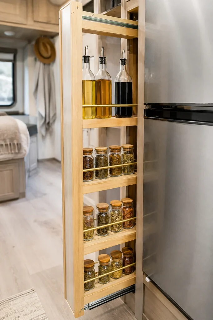 Narrow DIY slide-out vertical spice and pantry tower extended from a gap next to a camper refrigerator.