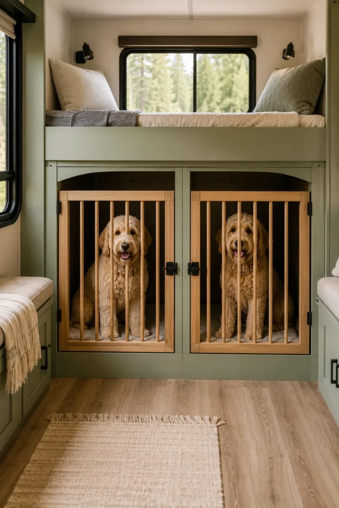 Dual-compartment built-in wooden dog crate with divider wall for two dogs in an RV bunkhouse.
