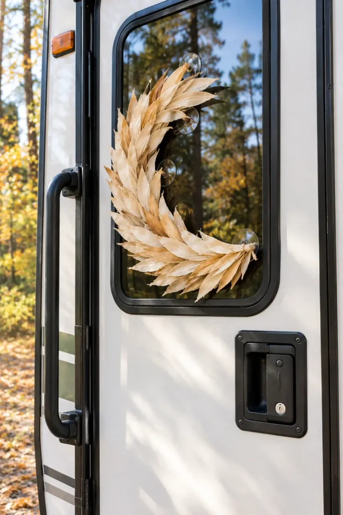 Slim dried corn husk crescent wreath mounted on an RV window beside the door latch.